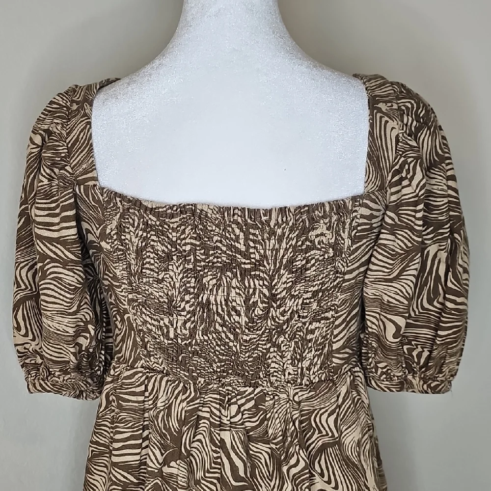 House of Harlow Square Neck Puff Sleeve Mini Dress in Brown Swirl Print - Picture 6 of 13
